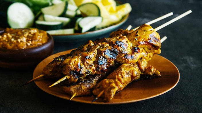 Satay or sate, indonesian meat skewers.